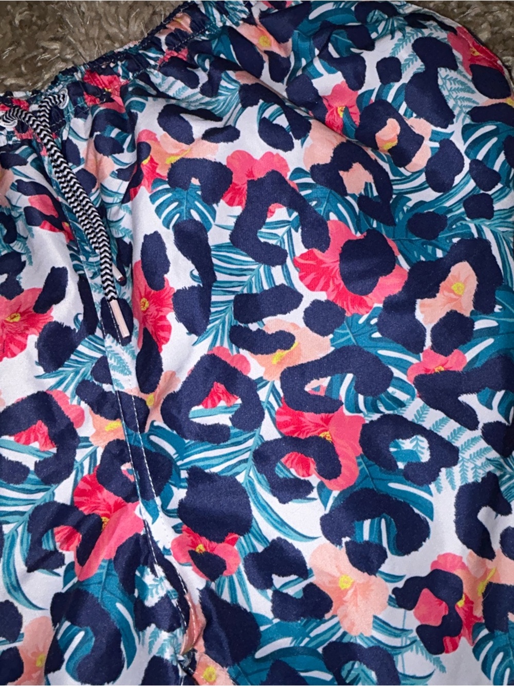 Mens Floral Print Drawstring Swim Shorts - Navy, Teal & Pink - Picture 4 of 4